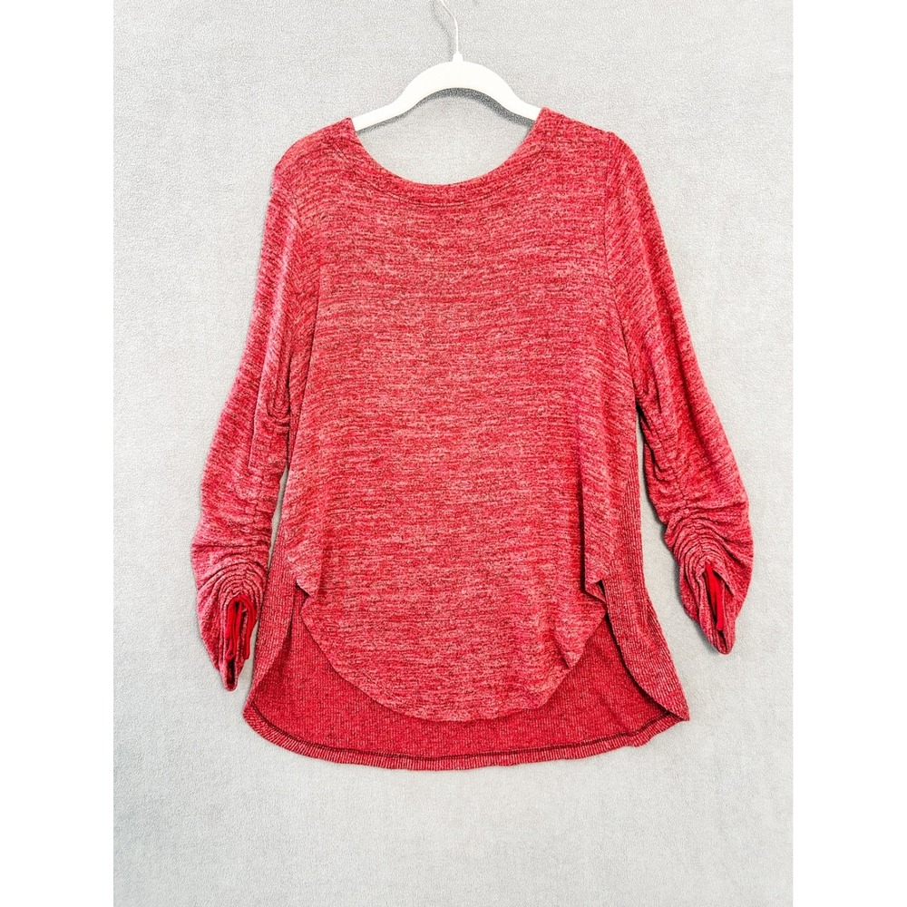 Saturday Sunday by Anthropologie Red Marl Ribbed Ruched Sleeve Top XS